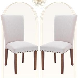 COLAMY Upholstered Dining Chairs Set of 2, Parsons Style Side Chairs with Nailhead Trim and Solid Wood Legs, Comfortable Linen Fabric for Kitchen & Dining Room – Beige