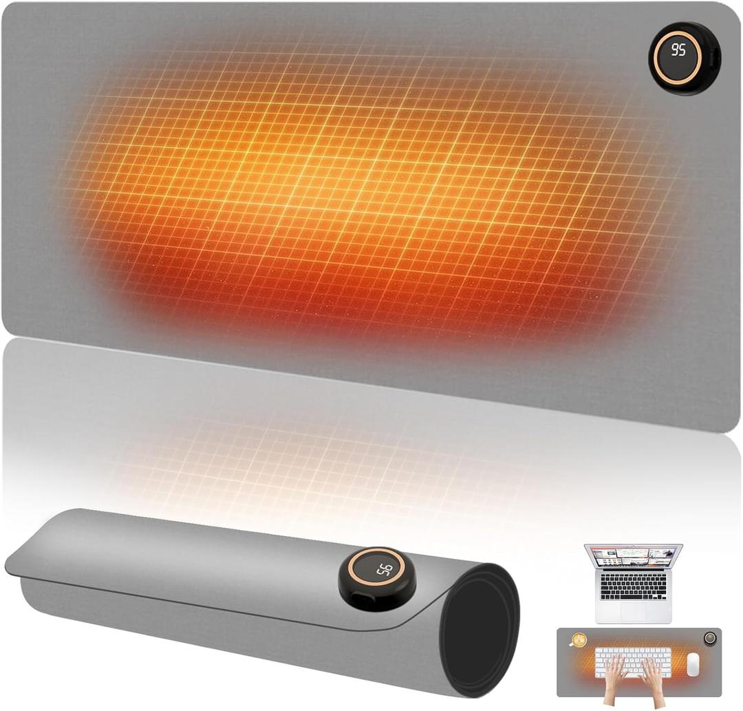 Heated Desk Pad,Heated Mouse Pad 5 Heating Levels & 3 Hours Auto Shut-Off Waterproof PU,Heated Desk Mat  31.5 x 13 inch for Office,Gaming,Foot Warmer(Grey)