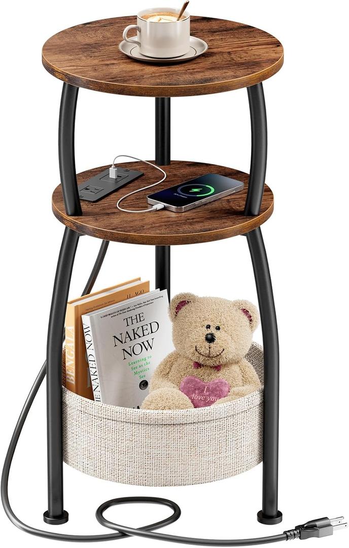 Side Table with Charging Station, Small Round End Table with Basket, USB Port and Outlet, 3 Tiers Sofa Couch Table for Living Room Bedroom, Small Spaces, 11.81in Rustic Brown