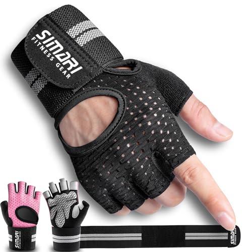 SIMARI Breathable Workout Gloves for Men Women, Padded Weight Lifting Gloves with Wrist Wraps Support, Full Palm Protection, Grip for Gym Training, Fitness, Weightlifting, Exercise Fingerless Black, L