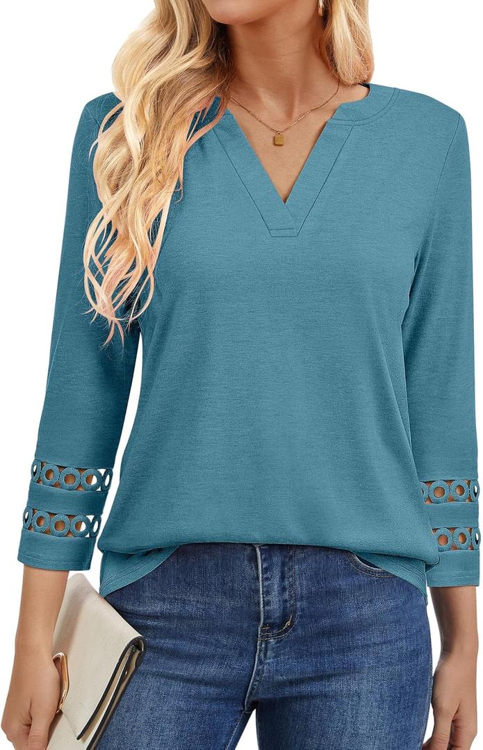 Womens 3/4 Length Sleeve Tops V Neck Lace Tunic Tops Dressy Casual Shirts Loose Fit 2025 Trendy Business Blouses (Blue, L)