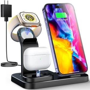 Wireless Charging Station 3 in 1 RJR Compatible with Apple Devices, Charging Dock for iWatch, Built-in Wireless Charger Stand for iPhone Series AirPods Gifts (with 18W Adapter) Graphite Black (2 pk).