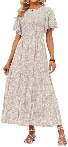 ZESICA Women's 2026 Summer Boho Floral Maxi Dresses Casual Short Flutter Sleeve Smocked Tiered Flowy Dress L