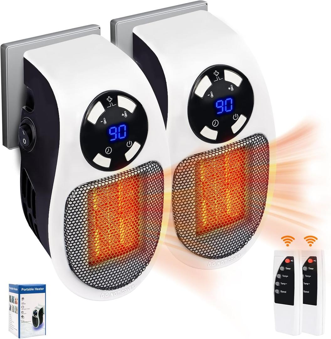 Ecowarm Plug in Heater - 2025 2 Pieces Upgraded 500W Ultra Air Heater with Thermal Protection, LED & Timer, Portable Plug in Space Heater Wall Outlet for Bedroom Bathroom - 2 Pieces