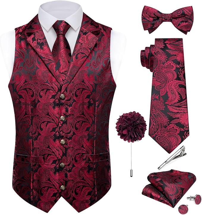 DiBanGu Silk Vest Tie Set for Men, Woven Paisley Dress Waistcoat and Bowtie Pocket Square Cufflinks Lapel Pin Formal Suit Vest, Wine Red, 3X-Large