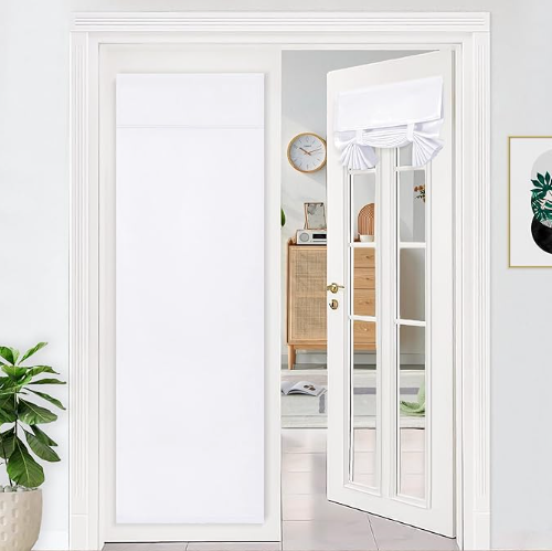 DWCN French Door Curtains-Tie Up Thermal Insulated Window Curtain Panels Room Darkening Curtain with Adhesive Tape for Sidelight, Set of 1 Panel, White Curtain 12"x80"