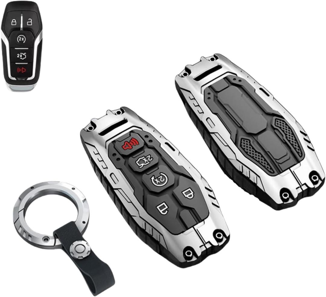 Heavy Key Fob Cover Case Protector for Ford, Keychain, Accessories for Ford F150 Mustang Explorer Edge Fusion Lincoln MKZ MKC MKX (Model-B Silver)