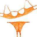 Lilosy Sexy Underwire Floral Lace Sheer Lingerie Set for Women See Through Bra and Panty 2 Piece (Orange, XL)