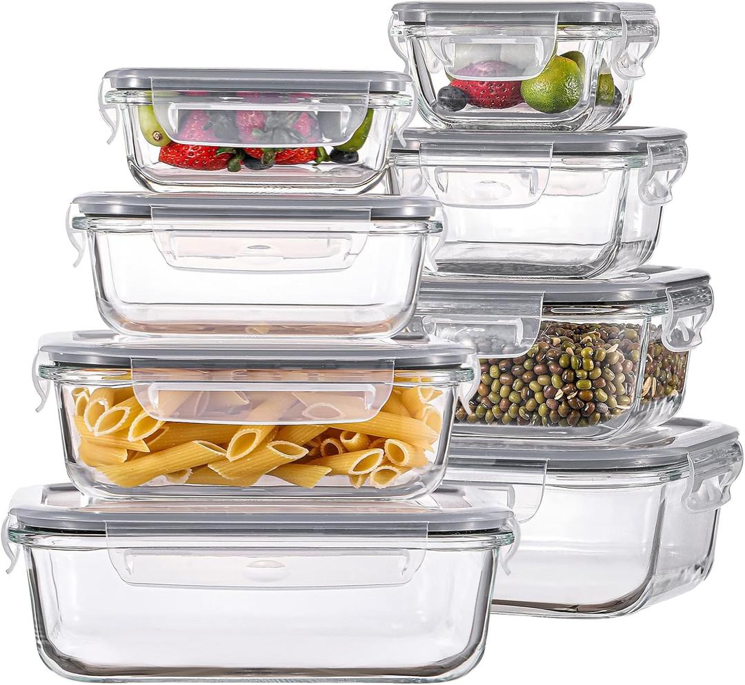 HOMBERKING 8 Pack Glass Food Storage Containers with Lids, Meal Prep Containers, Airtight Bento Boxes with Leak Proof Locking for Microwave, Oven, Freezer and Dishwasher, BPA Free, 5-35oz (Black)