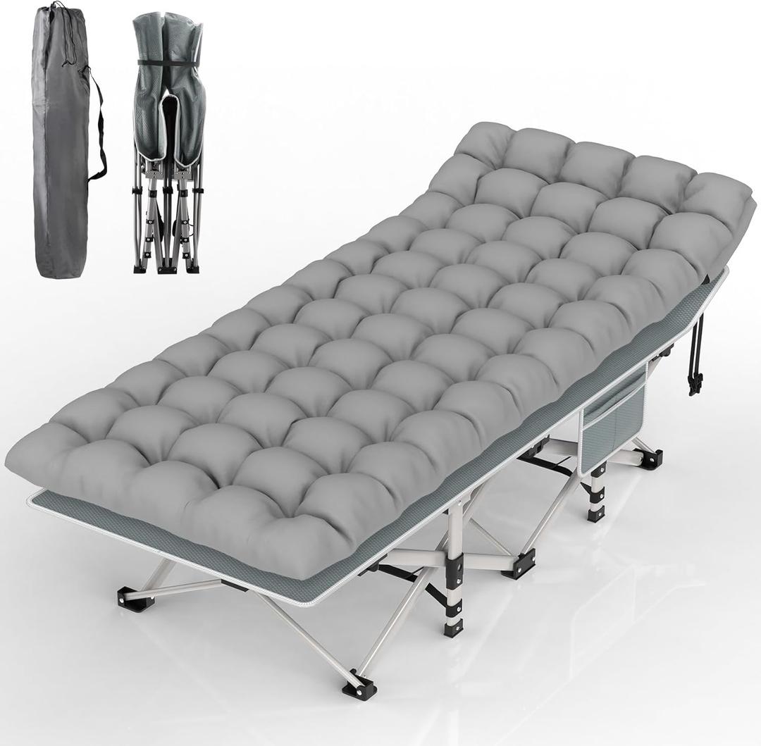 Suteck Camping Cot, Folding Camping Cot Bed for Adults Sleeping 1200D Double Layer Oxford Portable Folding Outdoor Cots for Camping W/Soft Pad Carry Bag for Home Office Nap Beach Travel, 500LBS,Grey (75"28"15")