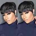 Pixie Cut Wig Human Hair - Layered Cut Short Wigs for Black Women, Natural Straight Short Pixie Wigs with Bang, Glueless Black Hair Pixie Wig Machine Made Non Lace Cap, 4 Inch