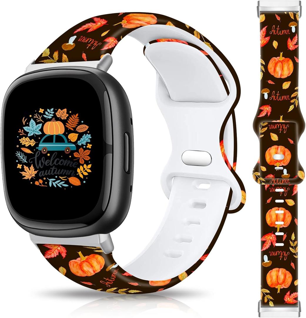 Christmas Halloween Thanksgiving Band Compatible with Fitbit Versa 3/Fitbit Versa 4/Fitbit Sense/ 2, Smartwatch Holiday Women Men Silicone Replacement Strap for Fitbit Versa 3/4, Fitbit Sense/ 2 (Pumpkin&Leaves)