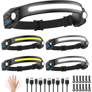 Headlamp Rechargeable 5Pack, 230 Wide Beam Head Lamp with 2 Spotlights, LED Headlamp with Motion Sensor, 5Mode Rechargeable Headlamp, Head Lights for Forehead, Headlamps for Adults Running Hard Hat