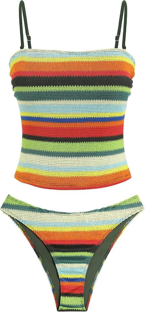 ZAFUL Women's Floral Tankini Swimsuits Bandeau Tummy Control High Cut Tankini Set Two Piece Bathing Suit (M)