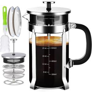 French Press Coffee Maker 304 Stainless Steel Coffee Press,with 4 Filters System, Heat Resistant Thickness Borosilicate French Press Glass, BPA-Free Brewed Tea Pot Coffee Plunger (Silvery)