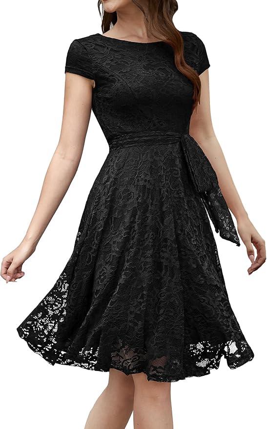 Women's Lace Cocktail Wedding Party Dress
 (Black) L