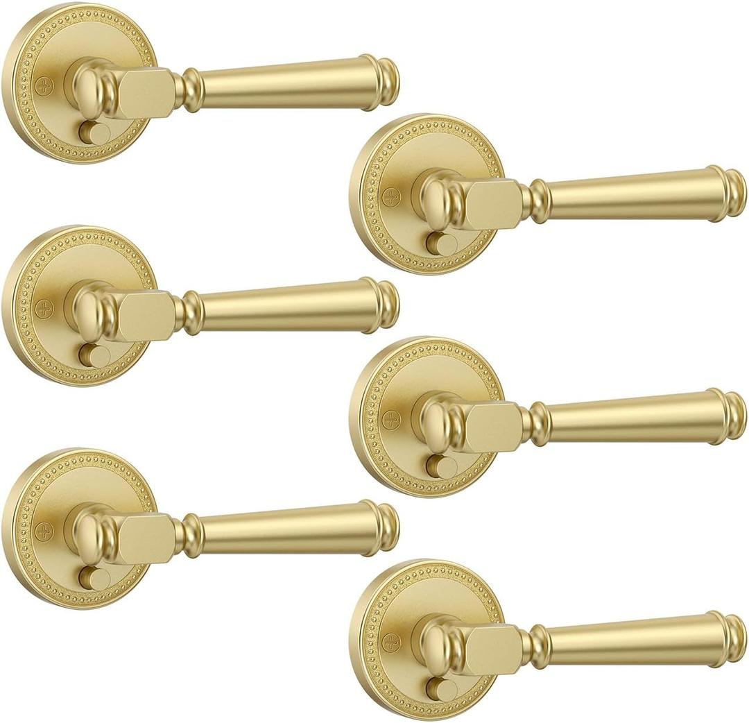 Amerdeco 6 Pack Brushed Gold Privacy Door Handles, Gold Interior Door Knobs,Heavy Duty Door Lever for Bedroom and Bathroom, Reversible Keyless for Right & Left Side AM0034