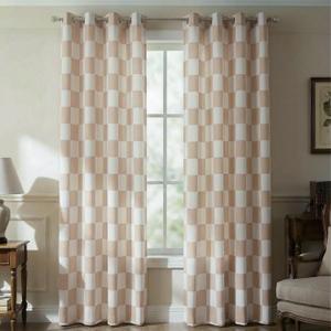 Beige Checkered Window Curtains, Thermal Insulated Grommet 100% Blackout Curtains 84 Inch Length 2 Panels Set, Sliding Darkening Curtains for Bedroom, Living Room Long Drapes