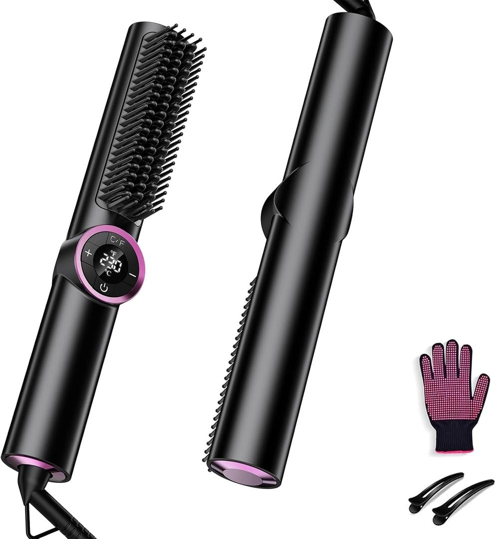 Hair Straightener Brush: Ionic Hair Straighteners for Women with 15 Temps, Straightening Brush Fast Heating with LED Display & Dual Voltage (Black)