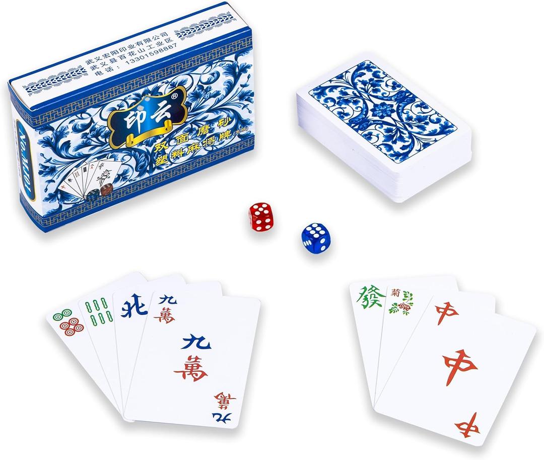drizzle Poker Mahjong Playing Cards Table Game Chinese Blue and White Porcelain Design 144 Card Chips Set PVC Plastic Waterproof Portable Leisure Time