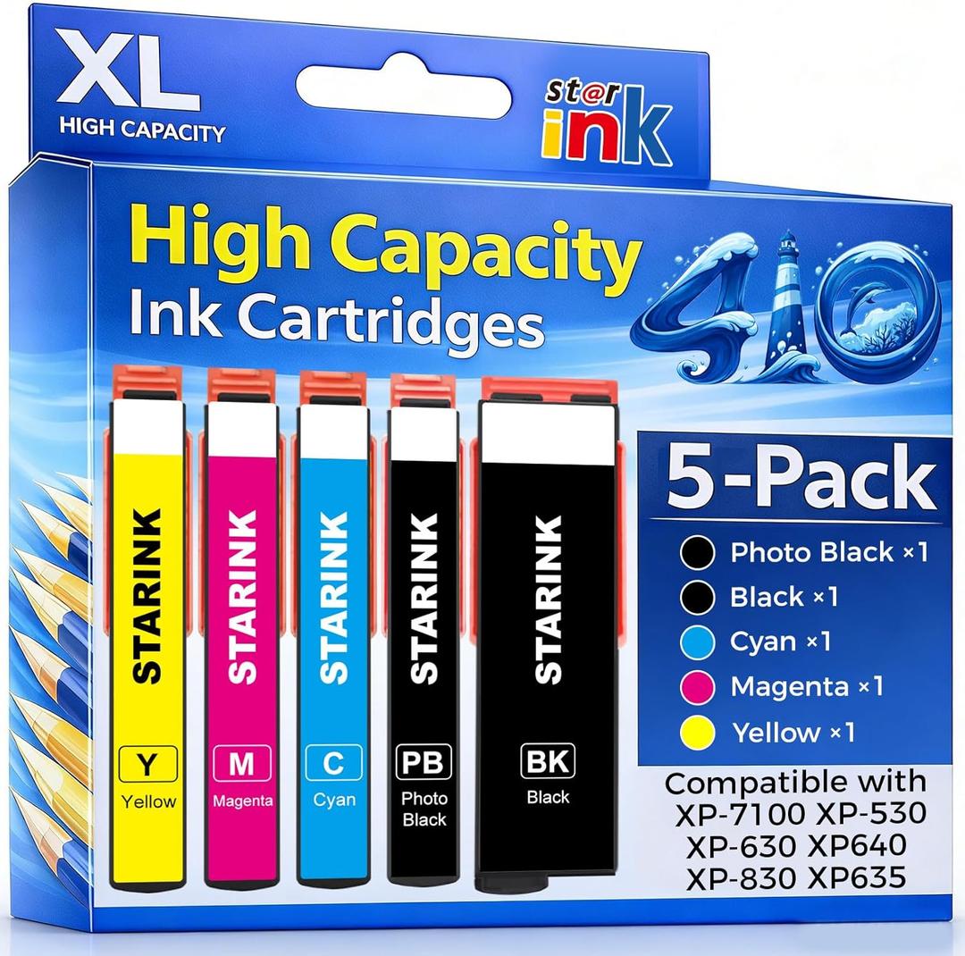 Starink Remanufactured Ink Replacement for Epson 410 410XL T410XL Ink Cartridges 5 Pack Compatible with Epson Expression XP-7100 XP-830 XP-640 XP-630 XP-530 XP-635 Printer High Yield & Latest Chip