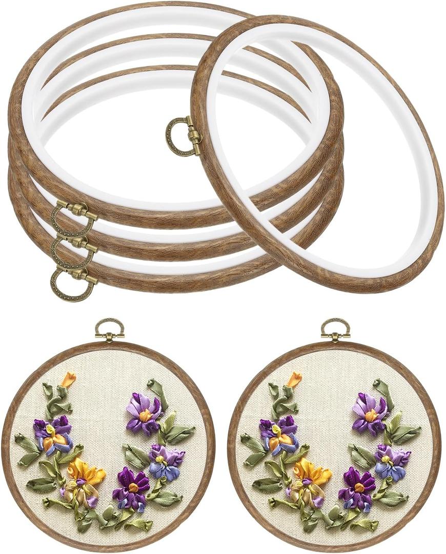 PATIKIL 6inch Embroidery Hoop, 4pcs Cross Stitch Hoop Rubber Imitated Wood Circle Frame Ring for Embroidery Art Craft Sewing Ornaments Hanging Decoration