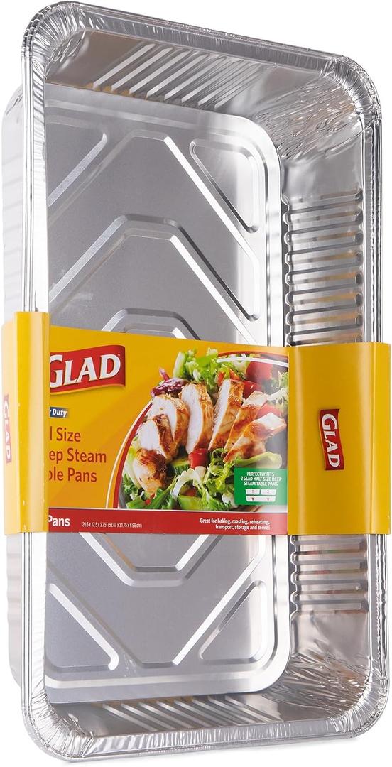 Glad Disposable Full Size Aluminum Steam Pans, Deep Heavy Duty Foil Pans for Steaming, Baking, Roasting, Catering & Oven Reheating, Fits 2 Half Pans, 20.5 x 12.5 x 2.75 Inch, 2 Count
