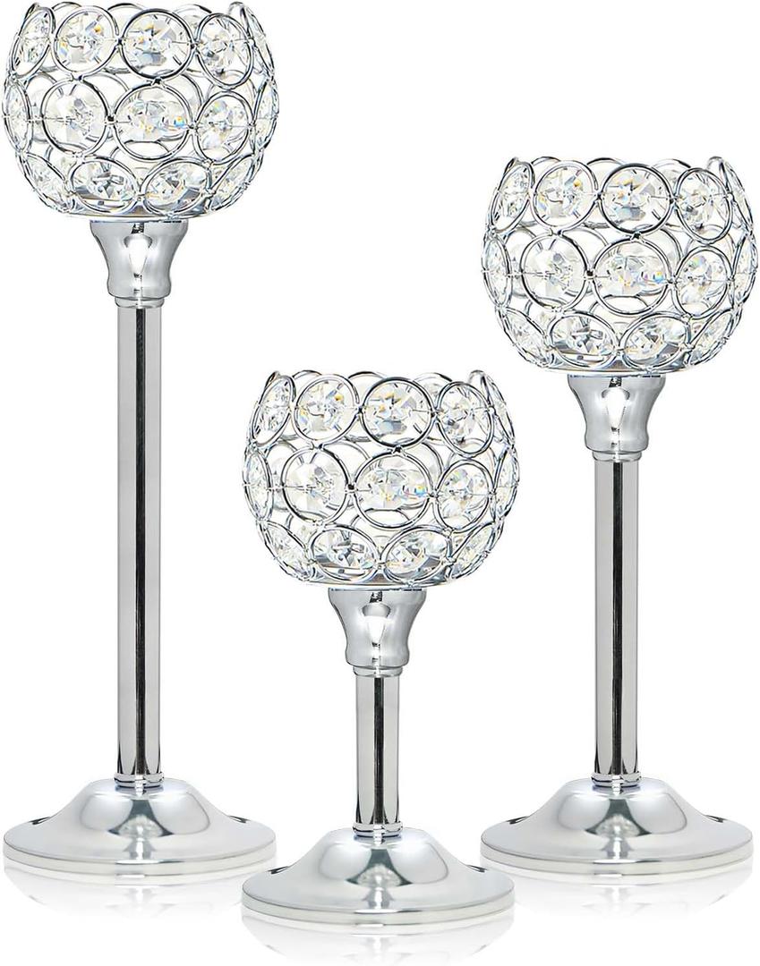 Set of 3 Silver Crystal Metal Tealight Candlestick, Bling Bowl Candelabras, Tall Votive Candle Holders Elegant Candle Centerpiece for Dining Table Wedding Decor