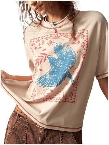 BEAUDRM Women's Graphic Boho Short Sleeve Tee Tops Crewneck Loose Fit T Shirts Streetwear Beige L