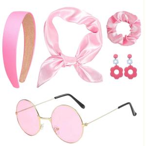 5 Pcs 60s 70s Women Hippie Disco Costume Accessories Set with Headband Earrings Sunglasses Silk Scarf (Pink)