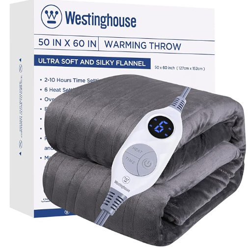 Westinghouse Heated Blanket Throw, Electric Throw with 6 Heating Levels, 210 Hours Time Settings, Overheat Protection, Machine Washable, Flannel (Throw, 50x60 Inches, Charcoal)
