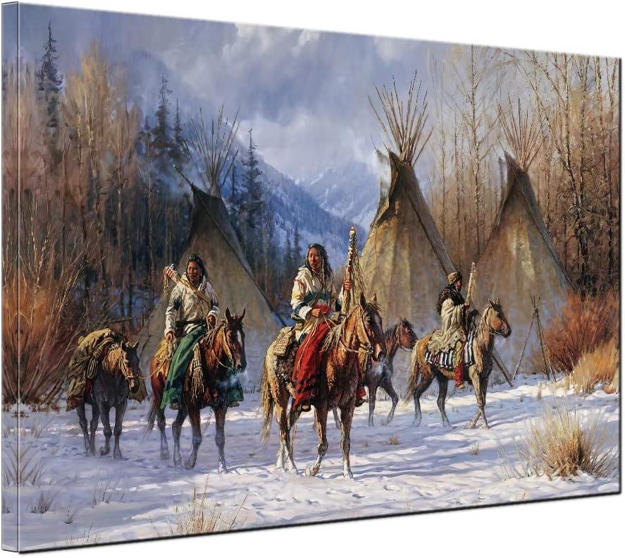 vanow Indian Wall Art Native American Chief Tribe with Horse Poster and Print Landscape Vintage Home Decor Artwork for Living Room Wall Decor Frame Ready to Hang (Native American Chief, 12x16inch) (16L" x 12W")