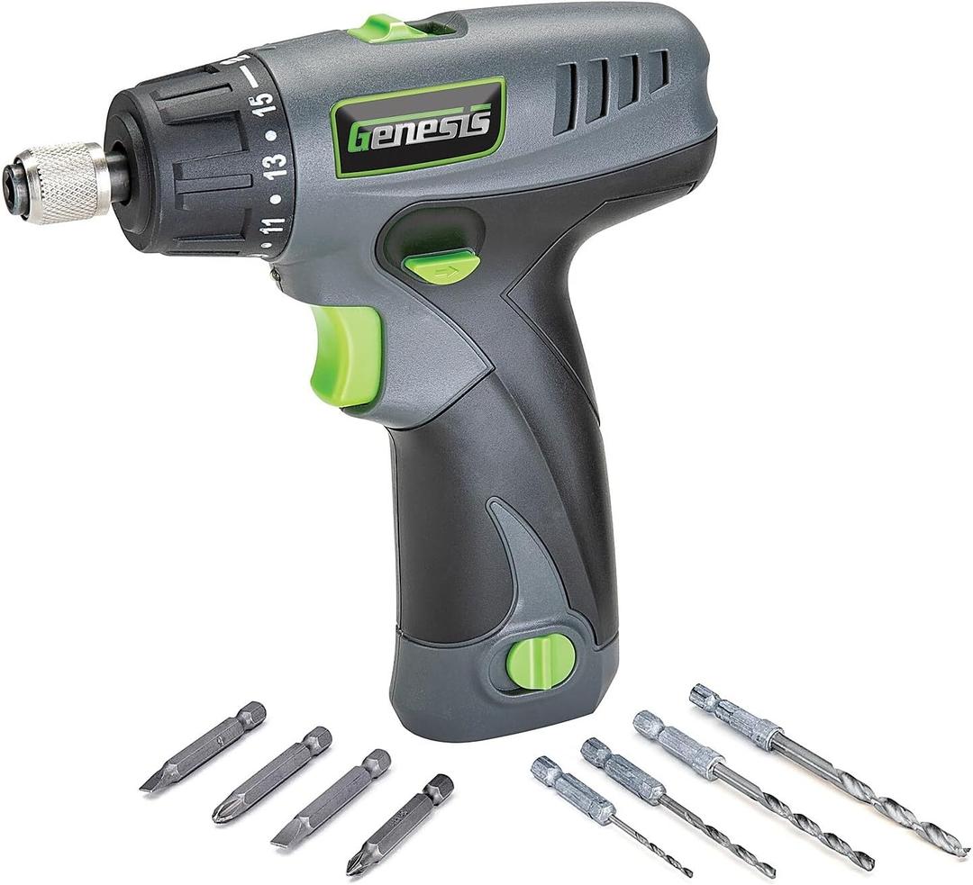 Genesis GLSD08B 8V Lithium-Ion Battery-Powered Quick-Change 2-Speed Cordless Screwdriver with LED Work Light, Battery Pack, Charging Stand, 4 Hex-Shank Drill Bits, and 4 Screwdriver Bits