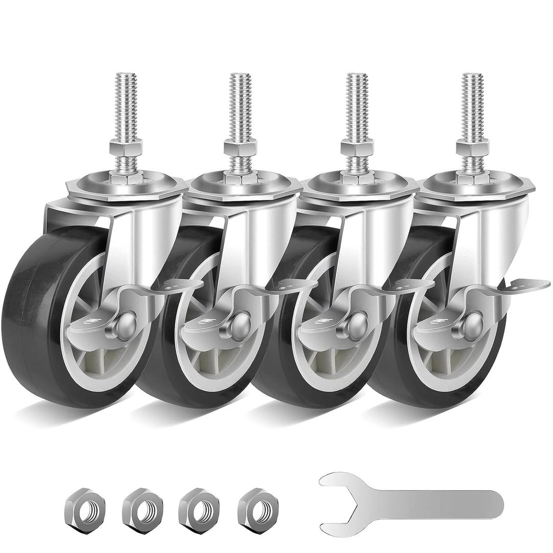 3 Inch Heavy Duty Stem Casters Swivel Wheels with Brake - 3/8" -16 x 1-1/2" (Stem Diameter 3/8", Stem Length 1-1/2"),Set of 4 with Locking Threaded Stem Caster Wheels - Load 600lbs (Grey)
