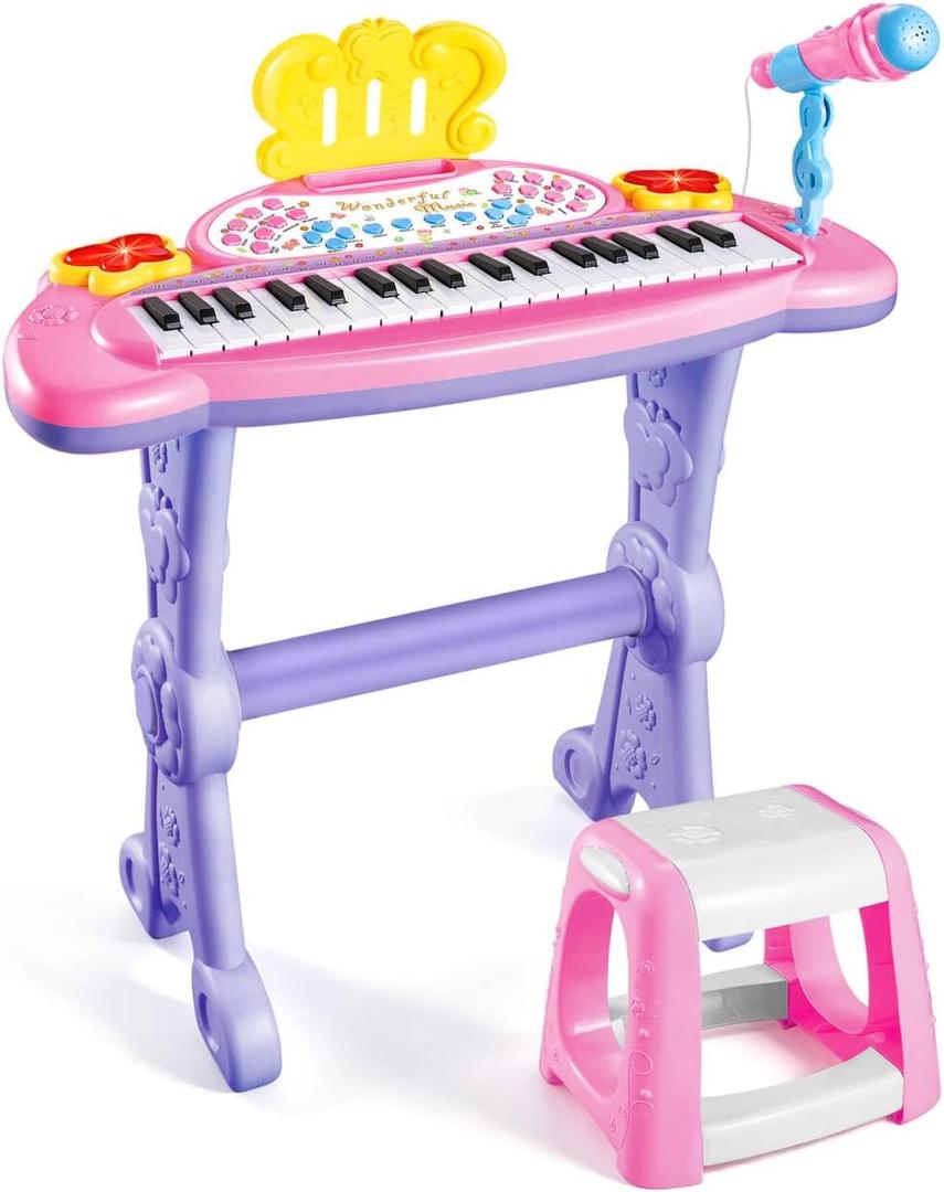 deAO Piano Keyboard Toys 37 Keys Toddler Pianos with Stool Microphone,Pink