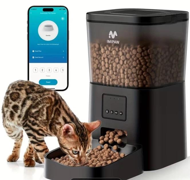 IMIPAW Automatic Cat Feeder, 5G WiFi Food Dispenser with APP Remote Control, Pet Dry Food Smart Feeder, Programmable Timed Feeding, Dual Power Supply, 110 Meals, Desiccant Bag, Stainless Steel Bowl