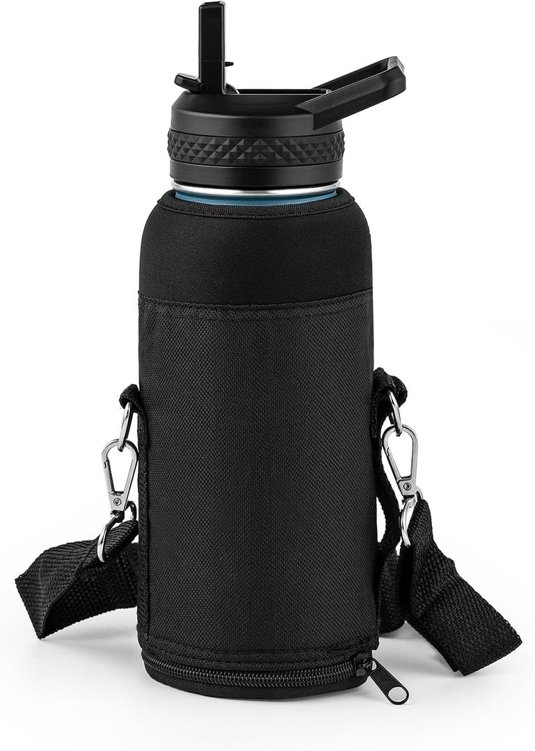 Water Bottle Holder Carrier Bag Crossbody with Adjustable Shoulder Strap, 64 128 oz Sports Water Bottle Sleeve Accessories for Biking Hiking Travelling Camping, Black (32 Ounces)