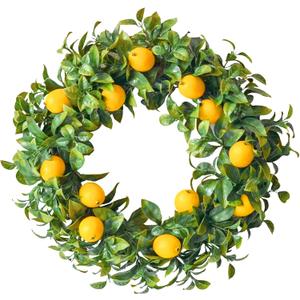 Mr. Bom 15 Inch Artificial Lemon Wreath with Boxwood for Front Door, Spring Summer Holiday Decoration, Indoor Outdoor Use