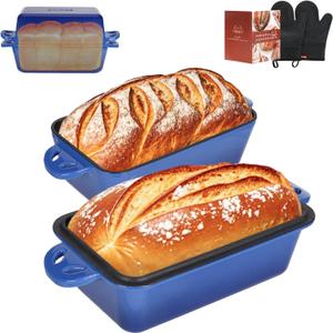 9x5 Enameled Cast Iron Loaf Pan with Lid - 2 in 1 Sourdough Bread Pan for Homemade Baking (Blue)