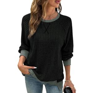 SHEWIN Women Color Block Patchwork Sweatshirt 2025 Fall Pullover Oversized Tops (Black, XL)