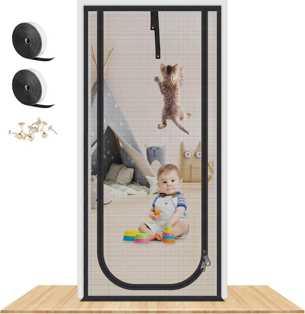 Upgraded Reinforced Cat Screen Door, 38x83'' Heavy Duty Pets Proof Screen Door with Two Way Zips, Prevent Dogs Cats Running Out from Home, Bedroom, Living Room, Kitchen Patio Door (38x83 inch, Standard)