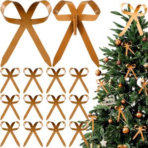 12 Pcs Khaki Metal Christmas Bow Ornaments for Christmas Tree Garland Wreath Bulk Bow with Clip Ornament Vintage Indoor Outdoor Home Xmas Party Decorations, 4 x 5 Inches
