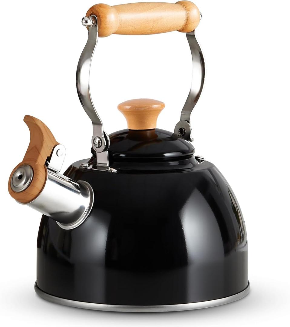 ROCKURWOK Tea Kettle, Tea Pot with Cool Touch Ergonomic Handle, Teapot Food Grade Stainless Steel, Tea Kettle Stovetop, Kettle Teapot, Whistling Tea Kettle, Small Tea Pot, 1.6 Quart (Black)