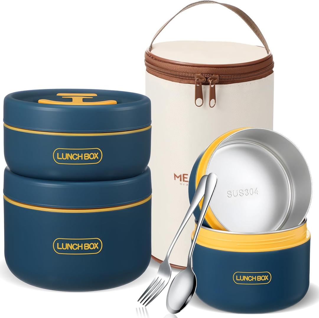 Dandat 3 Pcs Portable Insulated Lunch Container Set for Adult, Stackable Stainless Steel Bento Box for Hot Food with Insulated Lunch Bag Unisex 3 Separate Thermal Food Container (Blue)