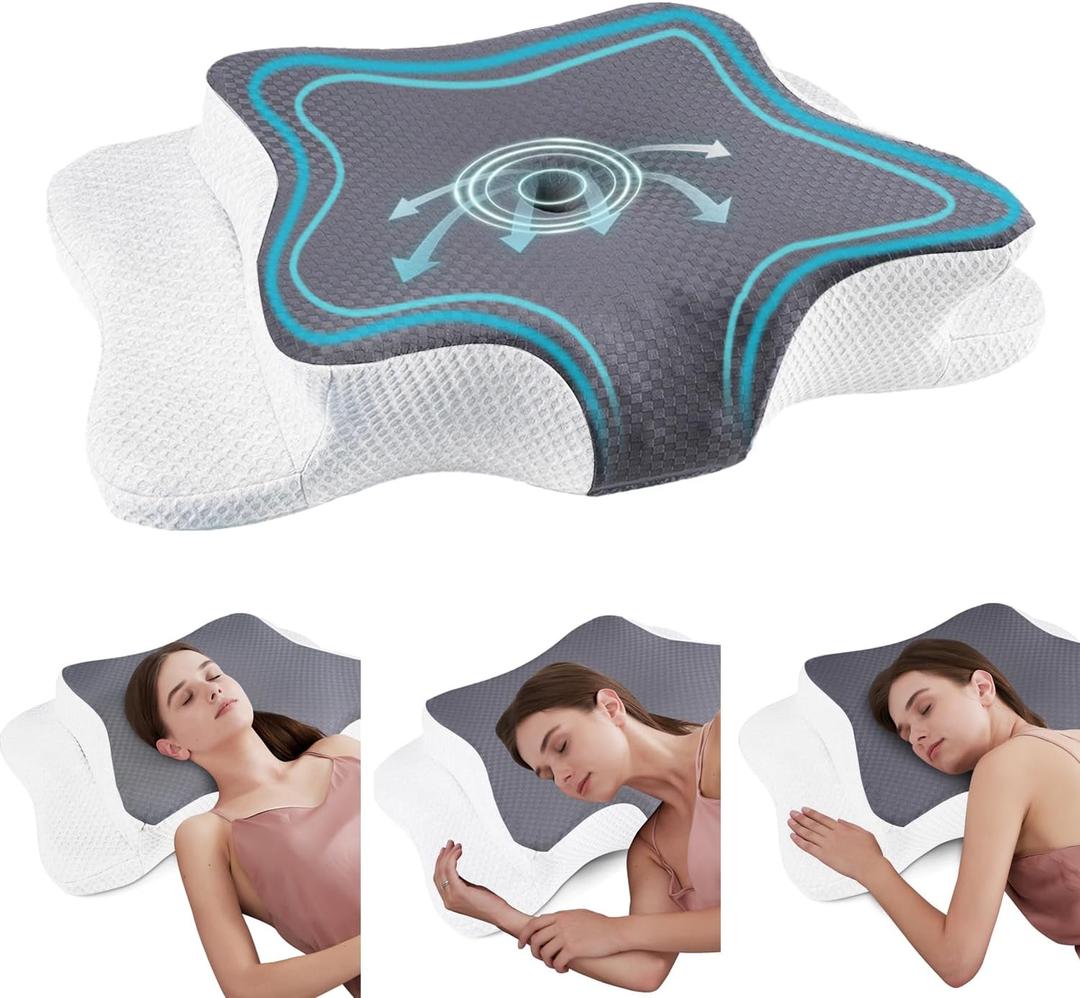 CHxxy Cervical Neck Pillow for Pain Relief Sleeping, Memory Foam Pillows, Ergonomic Side Sleeper Pillows, Cooling Orthopedic Neck Support Pillow for Back Stomach Sleepers-Queen Size Grey&White (Queen Size-24.8''Lx14.96''Wx5.78''H)