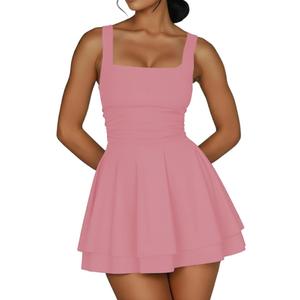 Women's Square Neck Ruffle Hem Mini Dress Ruched Waist Corset Short Party Dresses (Pink), XXL