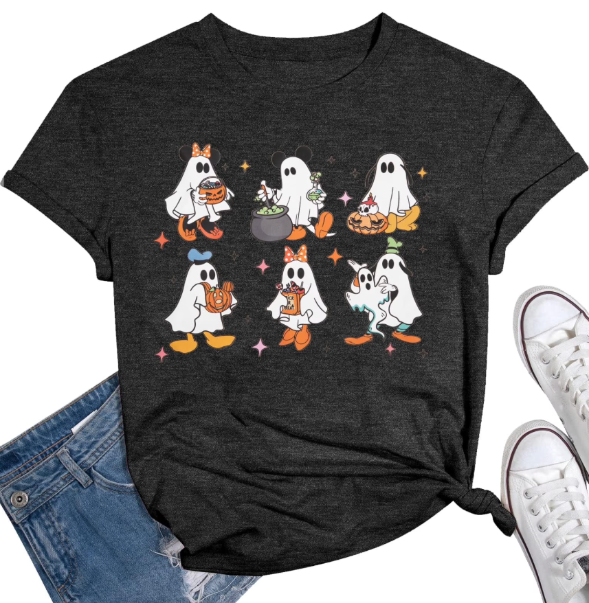 VILOVE Women Halloween Pumpkin T-Shirt Cute Ghost Graphic Shirt Spooky Season Tee Fall Graphic Short Sleeve Tee, Size L