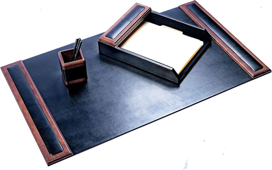 Dacasso Walnut and Leather Desk Set, 3-Piece, 20" x 34"