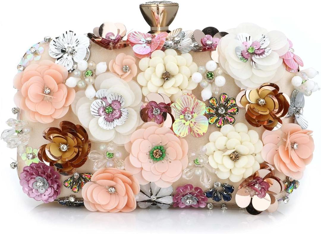 Women's Floral Evening Clutch Bag with Flower Metal Rhinestones for Women Wedding Prom Party 3D Sequins Evening Handbag