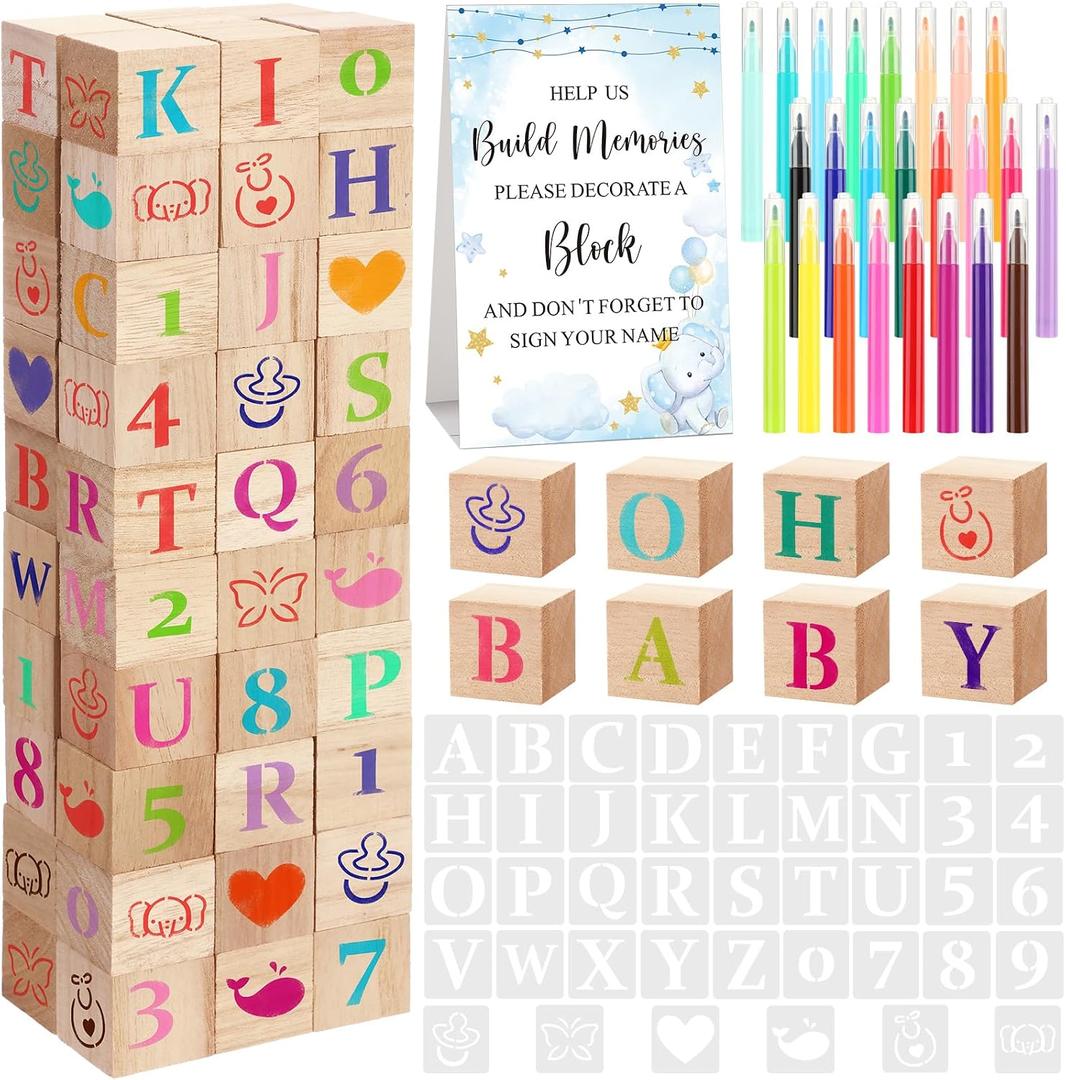 Wonderjune 147 Pcs Baby Shower Blocks Games Sets, 80 DIY Blank Wooden Block 42 Stencils 24 Watercolor Marker 1 Decorate a Block Game Sign for Gender Reveal Baby Shower Party Supplies(Blue Elephant)